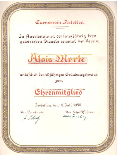 Urkunde: Alois Merk wird Ehrenmitglied des Turnvereins Jestetten